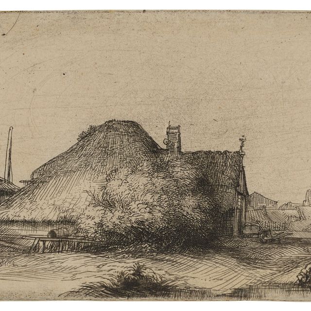 Rembrandt van Rijn — Коттедж и пограничный столб на Спаарндаммердейке ("Пейзаж с обелиском")