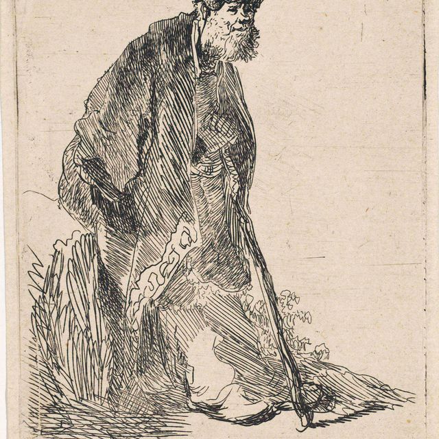 Rembrandt van Rijn — Мужчина в пальто и меховой шапке, прислонившийся к берегу (Б., Зал. 151; Н. 14)