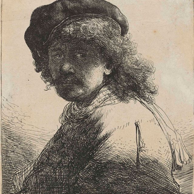 Rembrandt van Rijn — Автопортрет в шапке и шарфе с темным лицом: Бюст