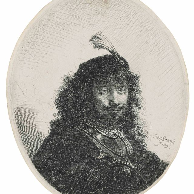 Rembrandt van Rijn — Автопортрет (?) в шляпе с плюмажем и опущенной саблей