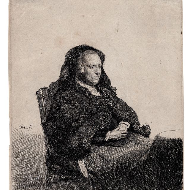 Rembrandt van Rijn — Мать художника сидит за столом, глядя направо: три четверти длины