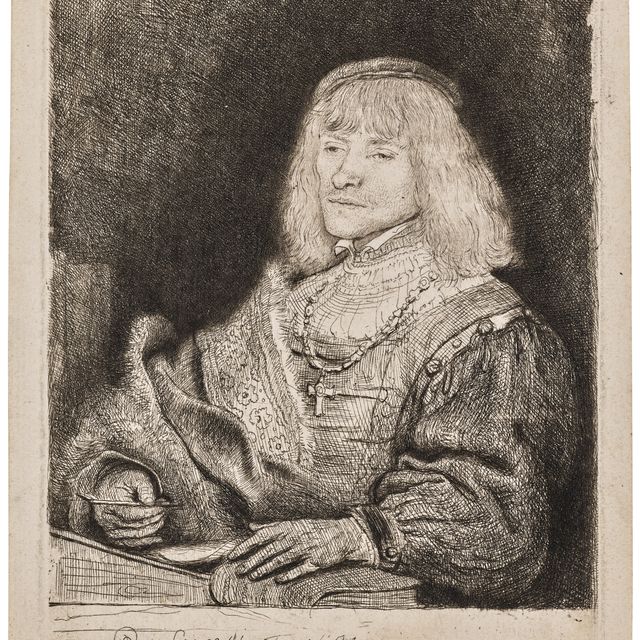 Rembrandt van Rijn — Мужчина за письменным столом с крестом и цепочкой