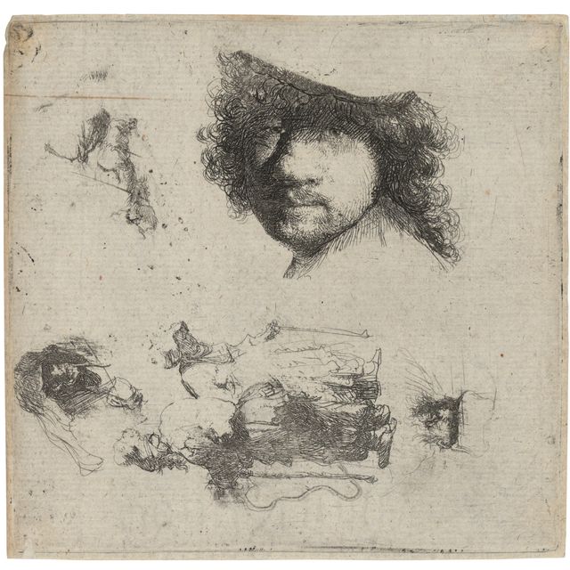 Rembrandt van Rijn — Лист с этюдами: Голова художника, пара нищих, головы Старика и старухи и т.д.