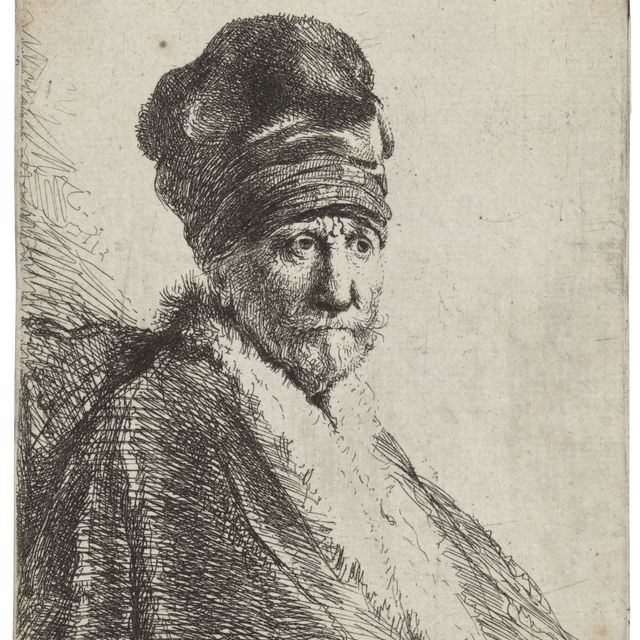 Rembrandt van Rijn — Бюст мужчины в высокой кепке, на три четверти справа: Отец художника (?)