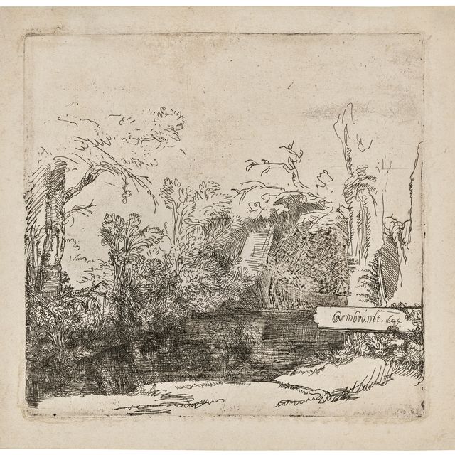 Rembrandt van Rijn — Ручей с гротом и лодкой ("Het Spelonkje")