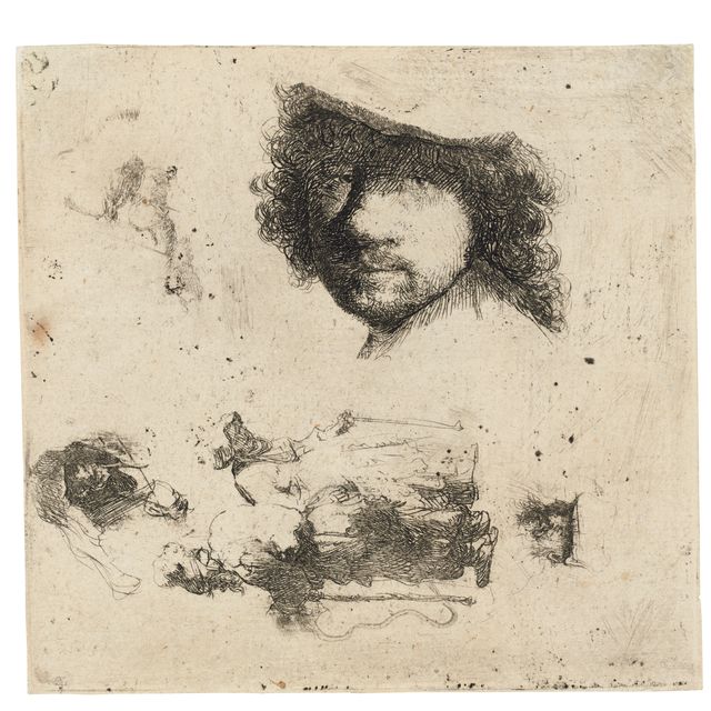 Rembrandt van Rijn — Лист с этюдами: Голова художника, Пара нищих, Головы Старика и старухи