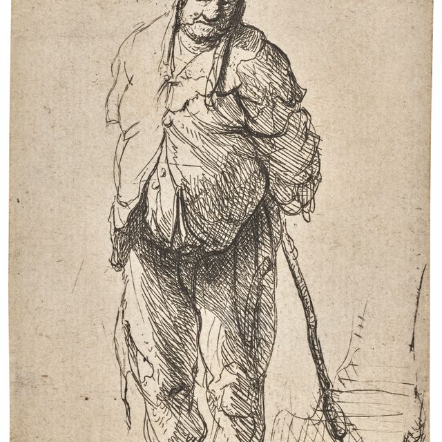 Rembrandt van Rijn — Крестьянин в лохмотьях, заложивший руки за спину и держащий палку