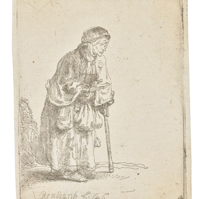 Rembrandt van Rijn — Нищая женщина, опирающаяся на палку