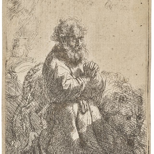 Rembrandt van Rijn — Святой Иероним, преклонивший колени в молитве, смотрит вниз