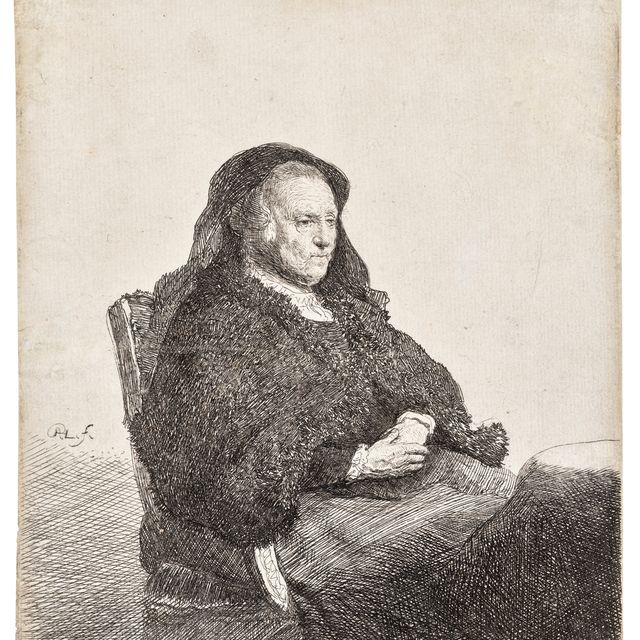 Rembrandt van Rijn — Мать художника сидит за столом, глядя направо: три четверти длины