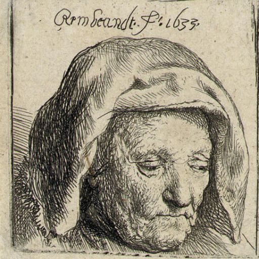 Rembrandt van Rijn — Мать художника в матерчатом головном уборе, смотрит вниз: только голова (Б., Зал. 351; Н. 107)