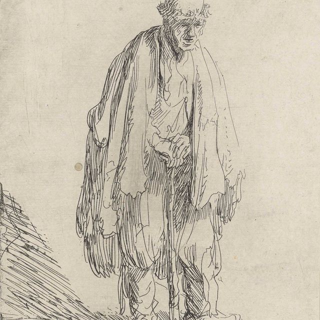 Rembrandt van Rijn — Нищий в высокой шапке, стоящий, опираясь на палку