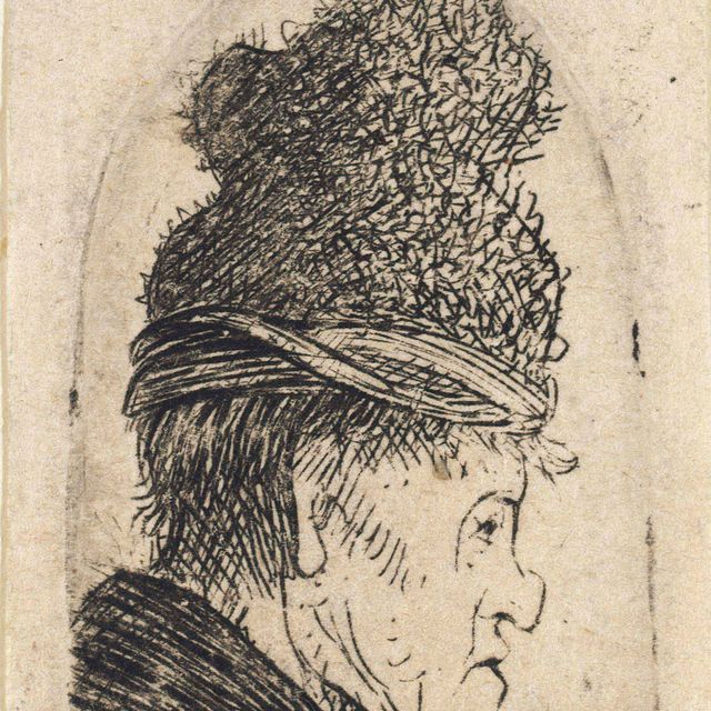 Rembrandt van Rijn — Гротескный профиль: Мужчина в высокой шапке (Б., Зал. 326; Н. 68)