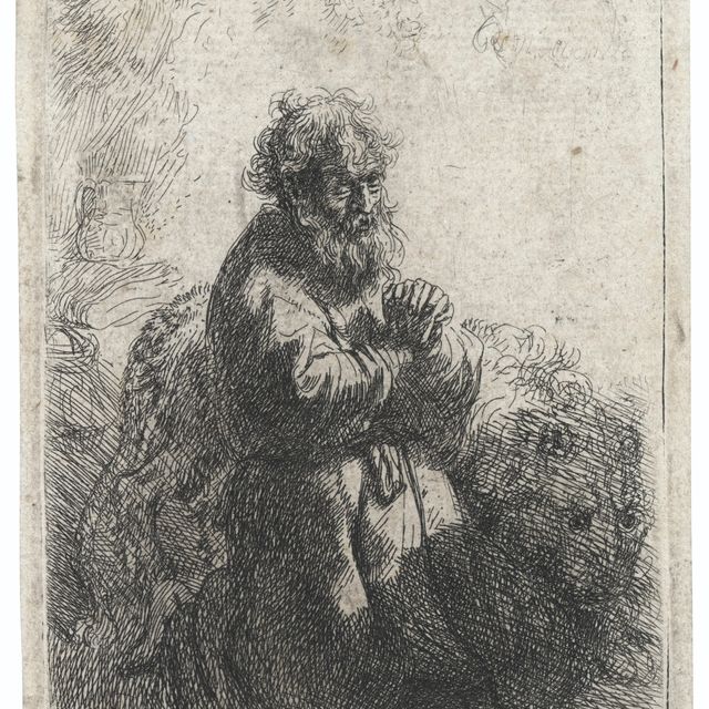 Rembrandt van Rijn — Святой Иероним, преклонивший колени в молитве, смотрит вниз