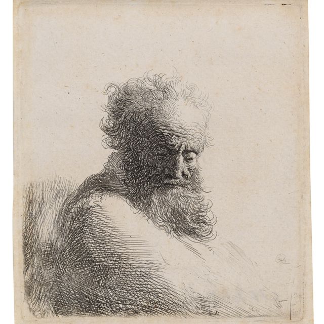 Rembrandt van Rijn — Бюст старого бородатого мужчины, смотрящего вниз, на три четверти вправо