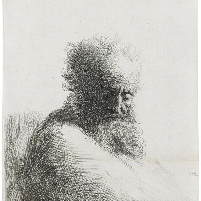 Rembrandt van Rijn — Бюст старого бородатого мужчины, смотрящего вниз, на три четверти вправо