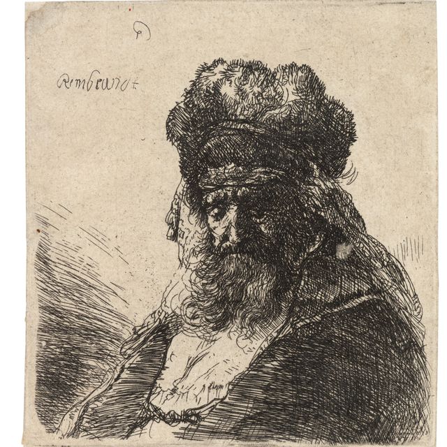 Rembrandt van Rijn — Бородатый старик в высокой меховой шапке, с закрытыми глазами