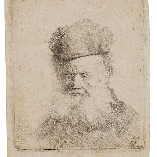 Rembrandt van Rijn — Бюст старика в меховой шапке и с развевающейся бородой, почти в полный рост