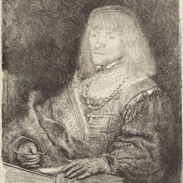 Rembrandt van Rijn — Мужчина за письменным столом с крестом и цепочкой