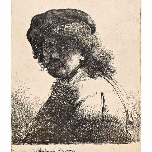 Rembrandt van Rijn — Автопортрет в кепке и шарфе с темным лицом: Бюст