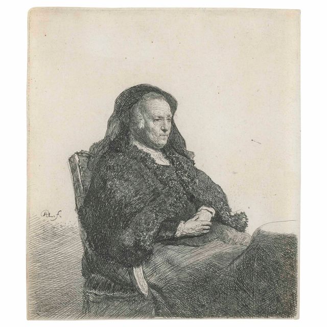Rembrandt van Rijn — Мать художника, сидящая за столом, смотрит направо: три четверти длины