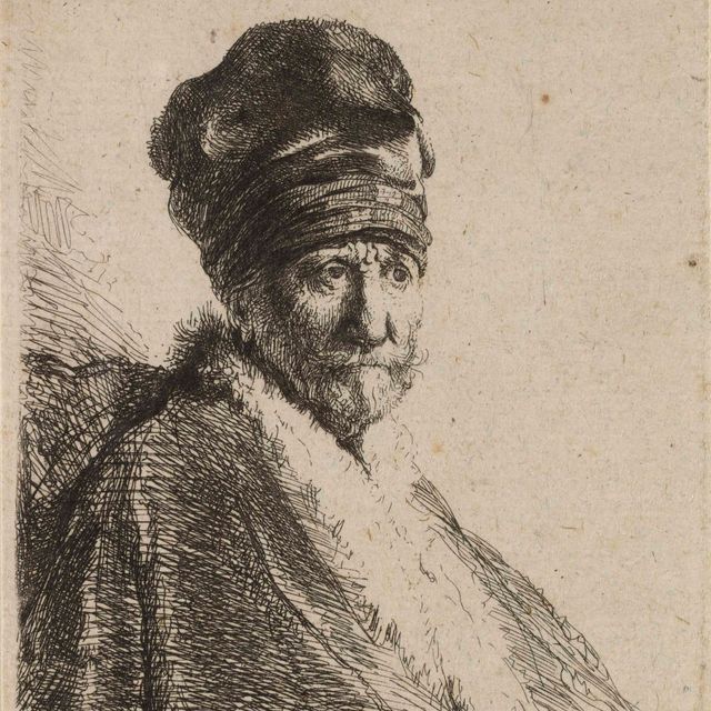 Rembrandt van Rijn — Бюст мужчины в высокой фуражке, на три четверти справа: Отец художника (?)