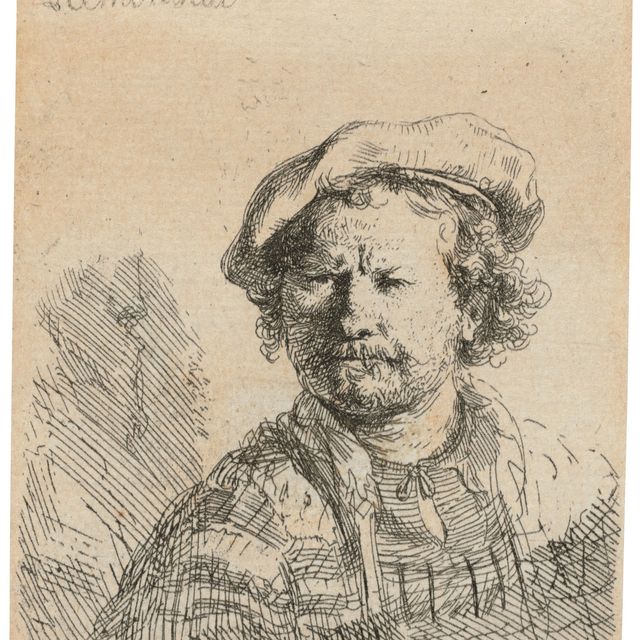 Rembrandt van Rijn — Автопортрет в плоской шапочке и вышитом платье