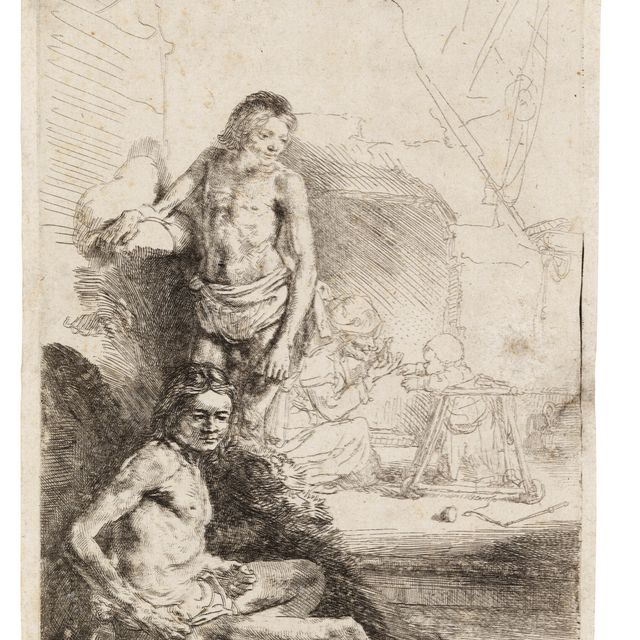 Rembrandt van Rijn — Обнаженный мужчина, сидящий и стоящий ("Het Rolwagentje")