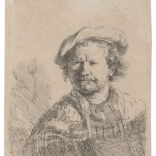 Rembrandt van Rijn — Автопортрет в плоской шапочке и вышитом платье