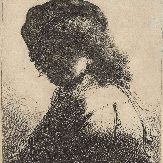 Rembrandt van Rijn — Автопортрет в шапке и шарфе с темным лицом: Бюст