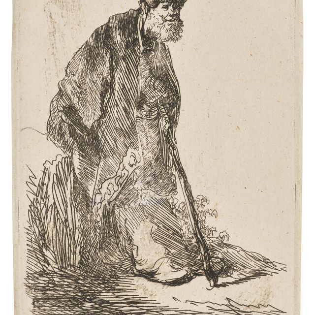 Rembrandt van Rijn — Мужчина в пальто и меховой шапке, прислонившийся к берегу