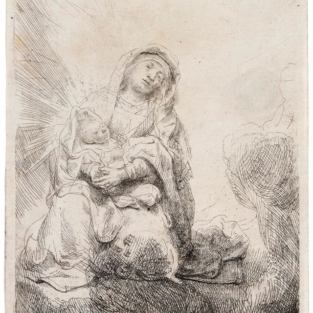 Rembrandt van Rijn — Дева Мария с младенцем в облаках