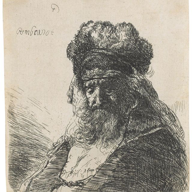 Rembrandt van Rijn — Бородатый старик в высокой меховой шапке, с закрытыми глазами