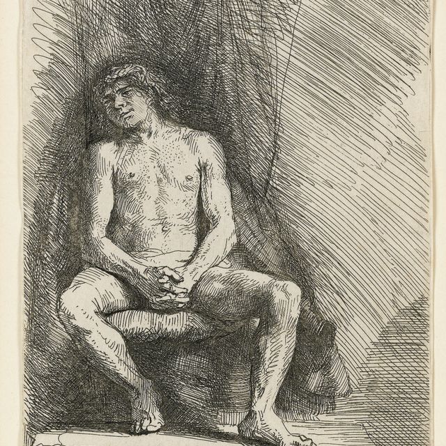 Rembrandt van Rijn — Обнаженный мужчина, сидящий перед занавесом (В., Зал. 193; Н. 220)