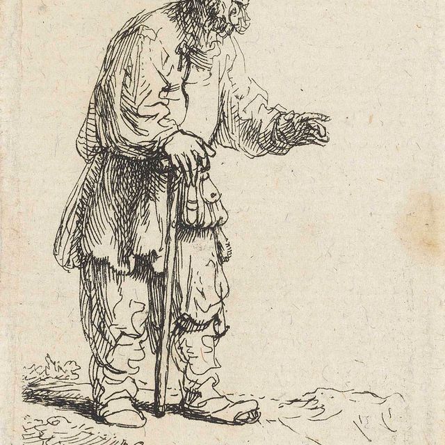 Rembrandt van Rijn — Крестьянин в высокой шапке, стоящий, опираясь на палку