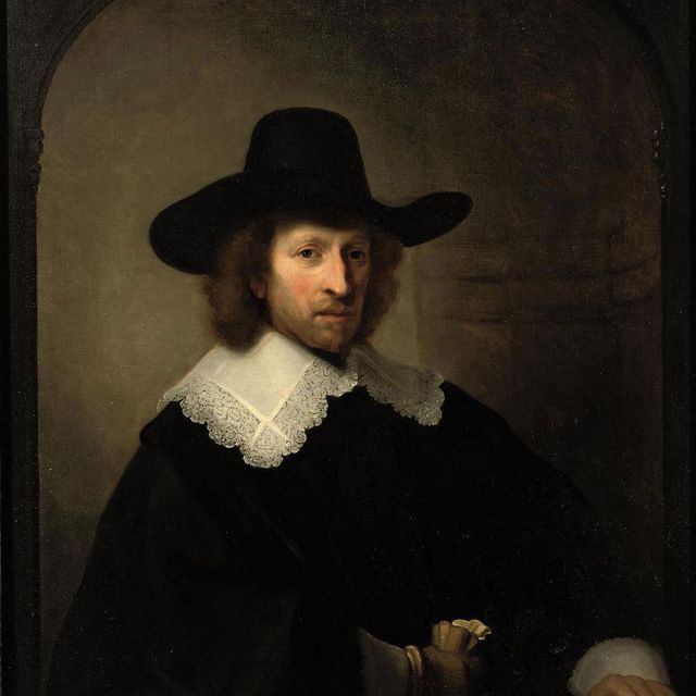 Rembrandt van Rijn — Портрет Николаса Бамбека (1596-1661), в полный рост, в черном костюме с кружевным воротником и манжетами, в черной шляпе, с перчатками в руках.