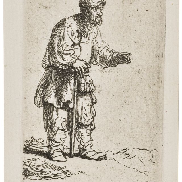 Rembrandt van Rijn — Крестьянин в высокой шапке, стоящий, опираясь на палку