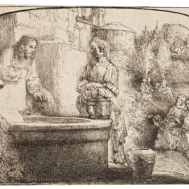 Rembrandt van Rijn — Христос и женщина из Самарии: гравюра в виде арки