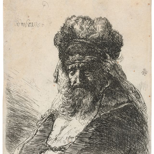 Rembrandt van Rijn — Бородатый старик в высокой меховой шапке, с закрытыми глазами