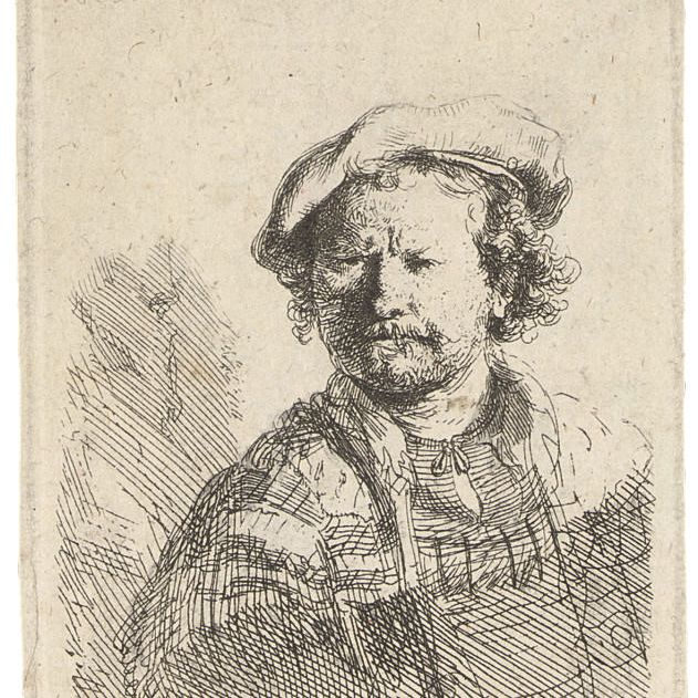Rembrandt van Rijn — Автопортрет в плоской шапочке и вышитом платье (Б., Холл. 26; Н. 157)
