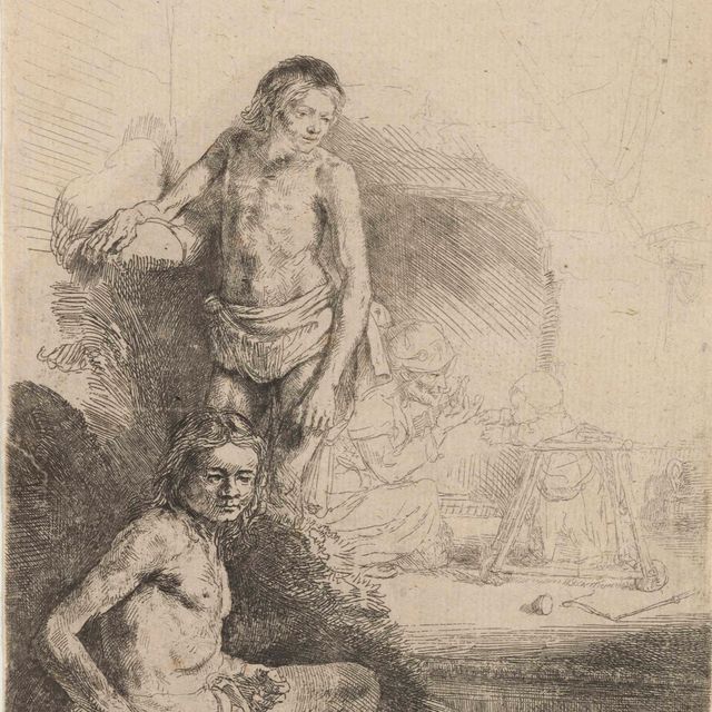 Rembrandt van Rijn — Обнаженный мужчина, сидящий и стоящий ("Het Rolwagentje")