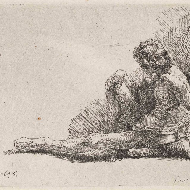 Rembrandt van Rijn — Обнаженный мужчина сидел на земле, вытянув одну ногу