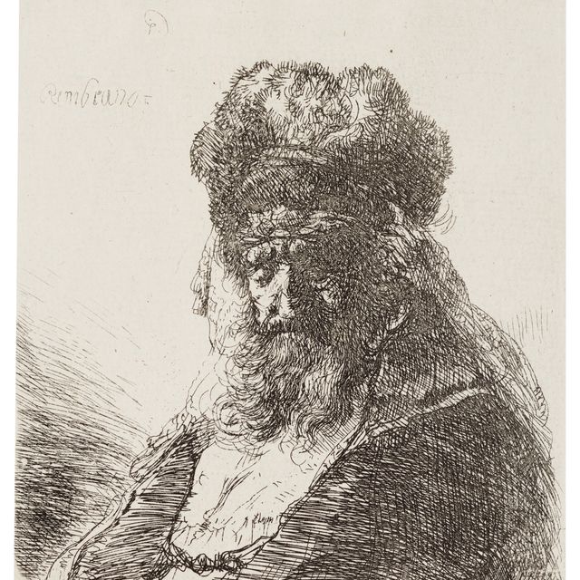 Rembrandt van Rijn — Бородатый старик в высокой меховой шапке, с закрытыми глазами