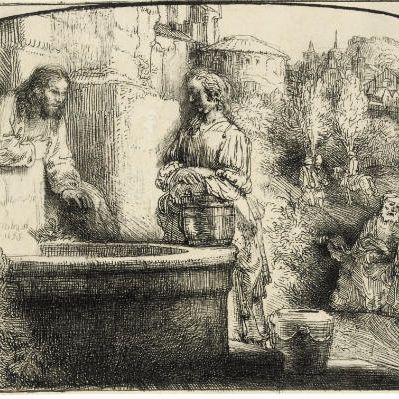 Rembrandt van Rijn — Христос и женщина из Самарии: гравюра в виде арки (Б., Зал. 70; Н. 294)