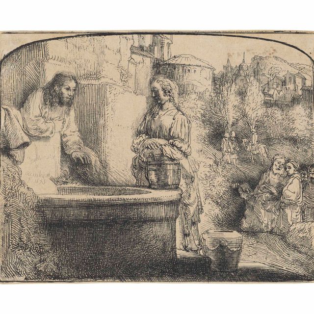 Rembrandt van Rijn — Христос и женщина из Самарии: гравюра в виде арки