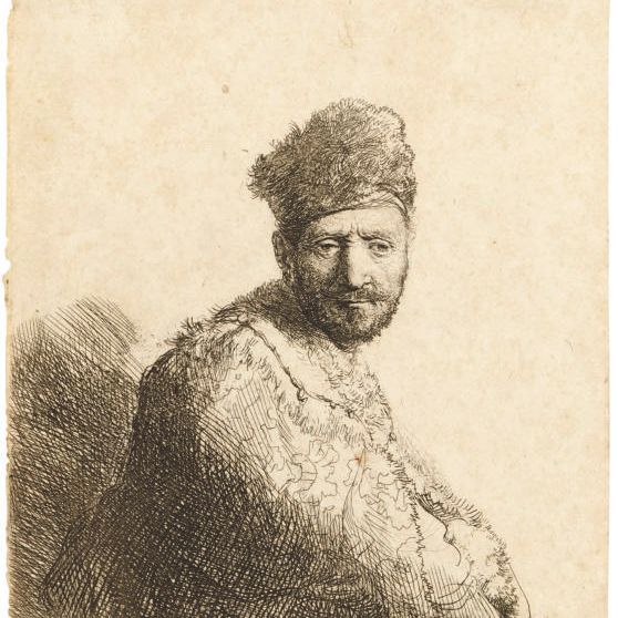 Rembrandt van Rijn — Бородатый мужчина в восточной шапочке и халате с мехом: отец художника (Б., Зал. 263; Н. 53)