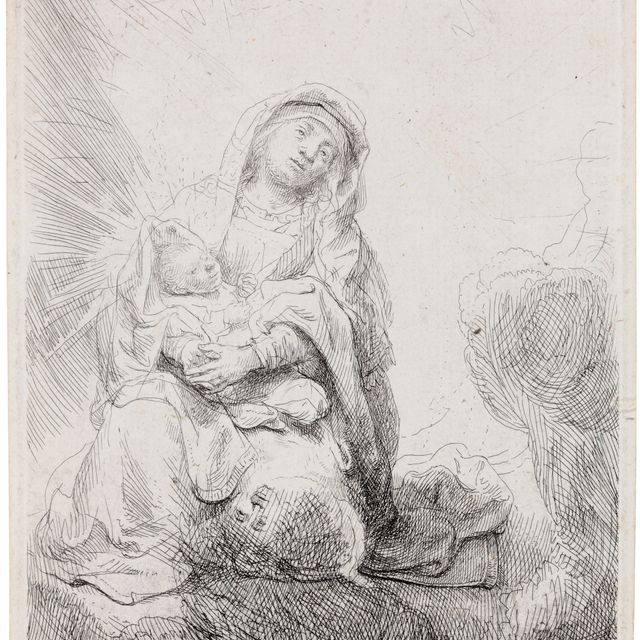 Rembrandt van Rijn — Дева Мария с младенцем в облаках