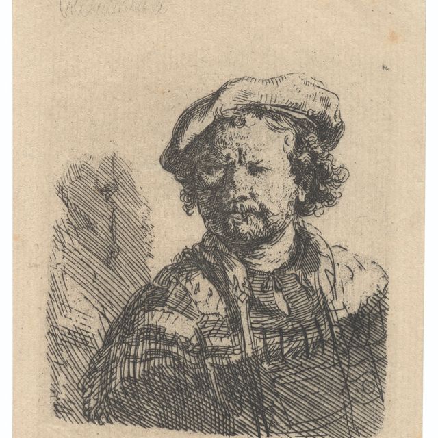 Rembrandt van Rijn — Автопортрет в плоской шапочке и вышитом платье