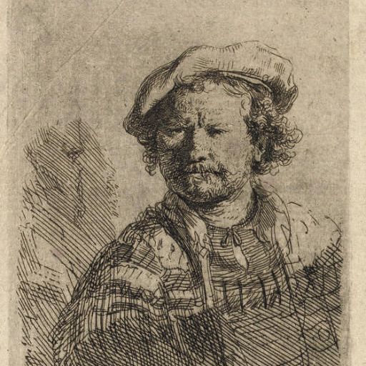 Rembrandt van Rijn — Автопортрет в плоской шапочке и вышитом платье (Б., Холл. 26; Н. 157)