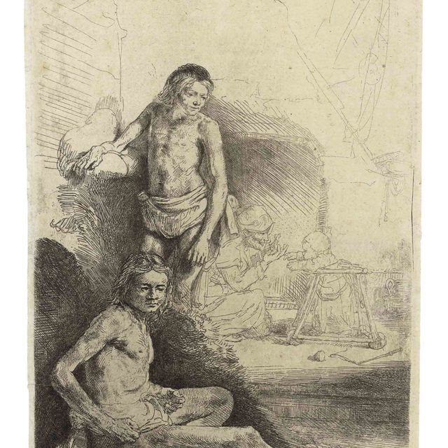 Rembrandt van Rijn — Обнаженный мужчина сидит, другой стоит, на заднем плане слегка выделяются женщина и ребенок (В., Зал. 194; Н. 222)